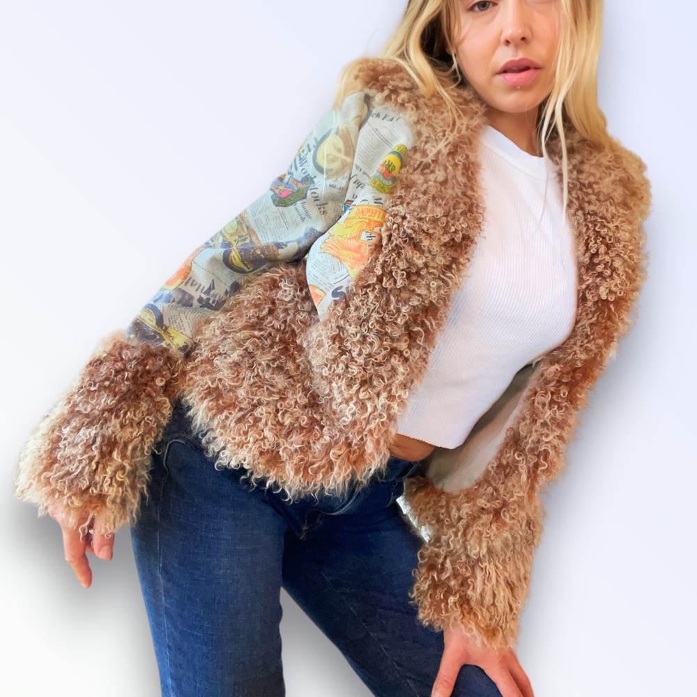 Y2K Penny Lane Mini Jacket Newspaper Suede Mongolian Fur Afghan Coat